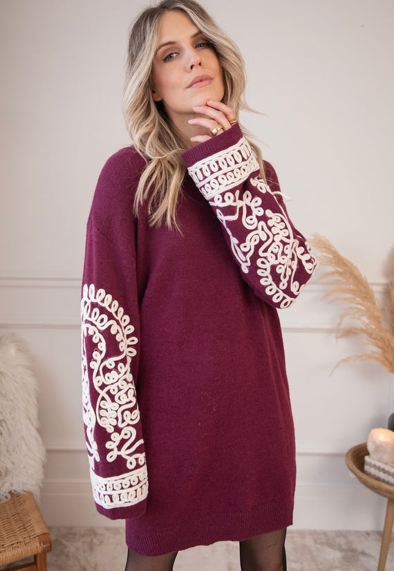 Loopy Sleeves Burgundy - Sweater Dress