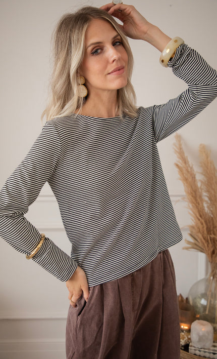 Langarmshirt - Beating Fine Stripe - Schwarz/Weiß