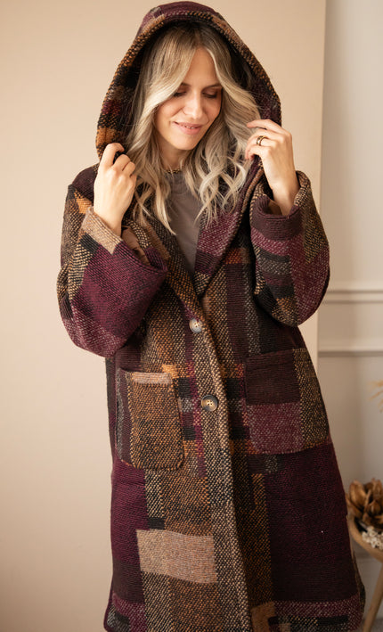 Patchwork Poetry Hooded Mulberry/Brown - Coat