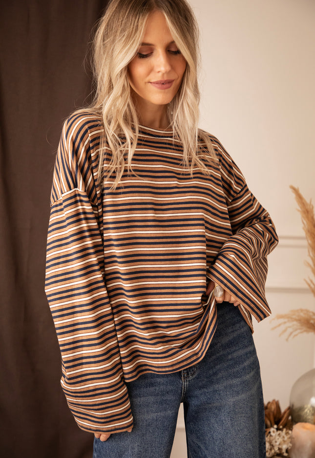 Langarmshirt - Sally Stripe - Kamel/Marineblau