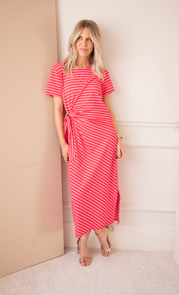 Sadie Stripe Knot Pink/Red - Maxi Jurk