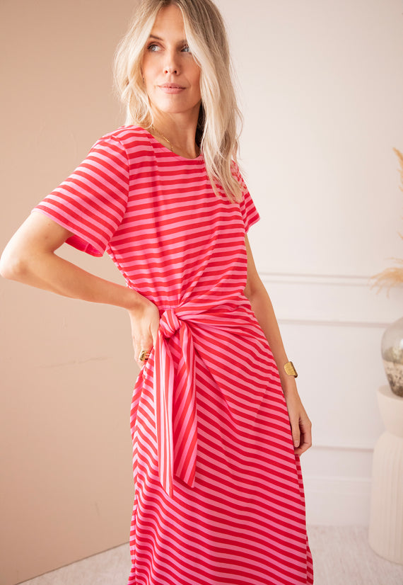 Sadie Stripe Knot Pink/Red - Maxi Jurk