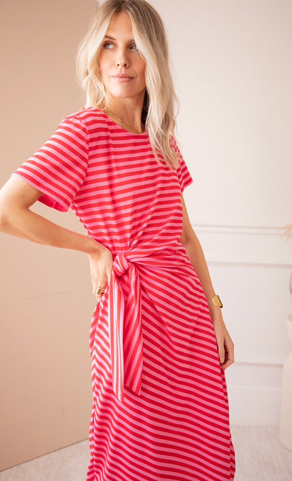 Sadie Stripe Knot Pink/Red - Maxi Jurk