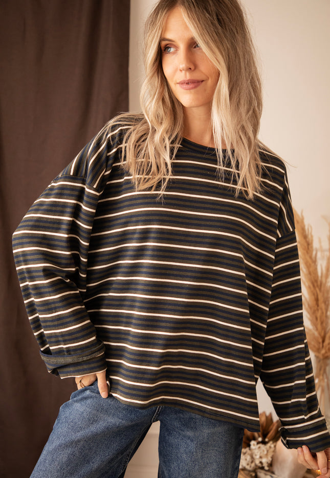 Langarmshirt - Sally Stripe - Khaki/Navy