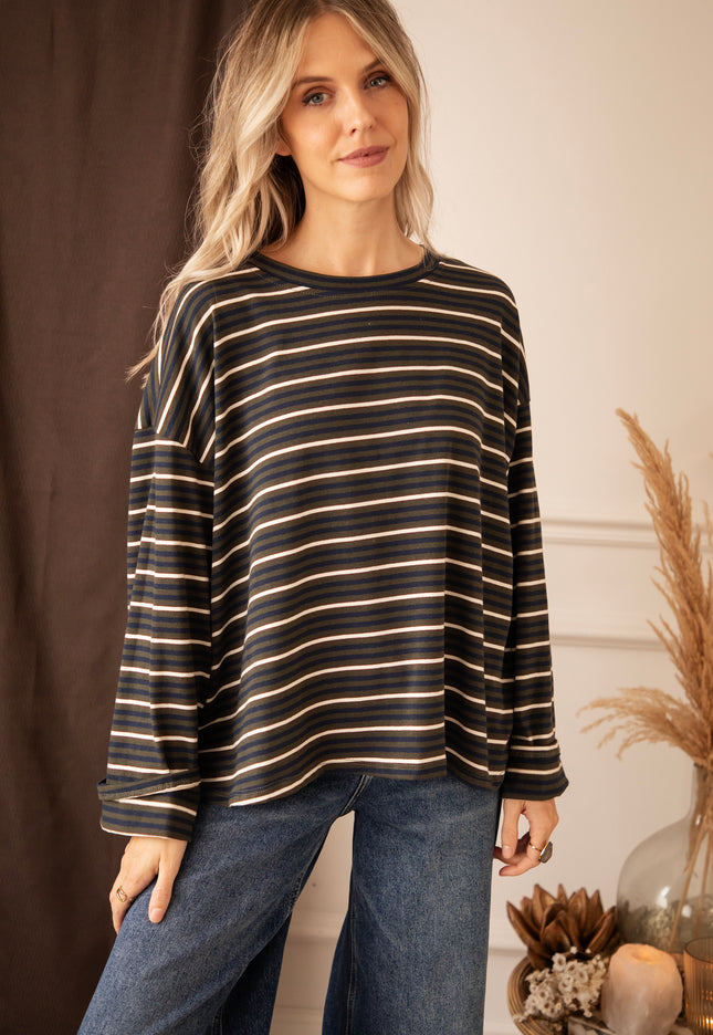 Langarmshirt - Sally Stripe - Khaki/Navy