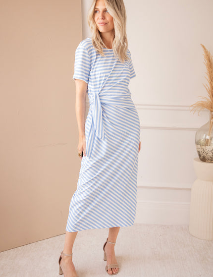 Sadie Stripe Knot Off White/Baby Blue - Maxi Dress