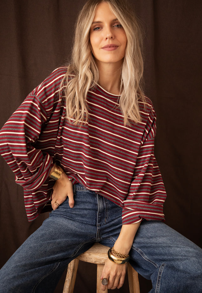 Langarmshirt - Sally Stripe - Burgund/Grau