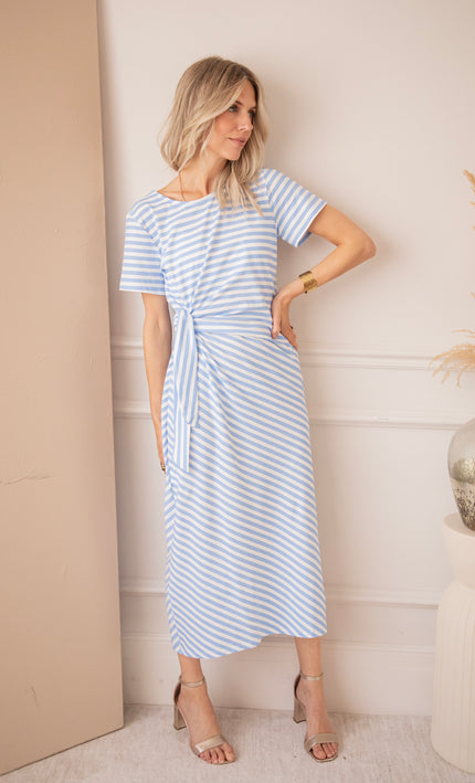 Sadie Stripe Knot Off White/Baby Blue - Maxi Dress