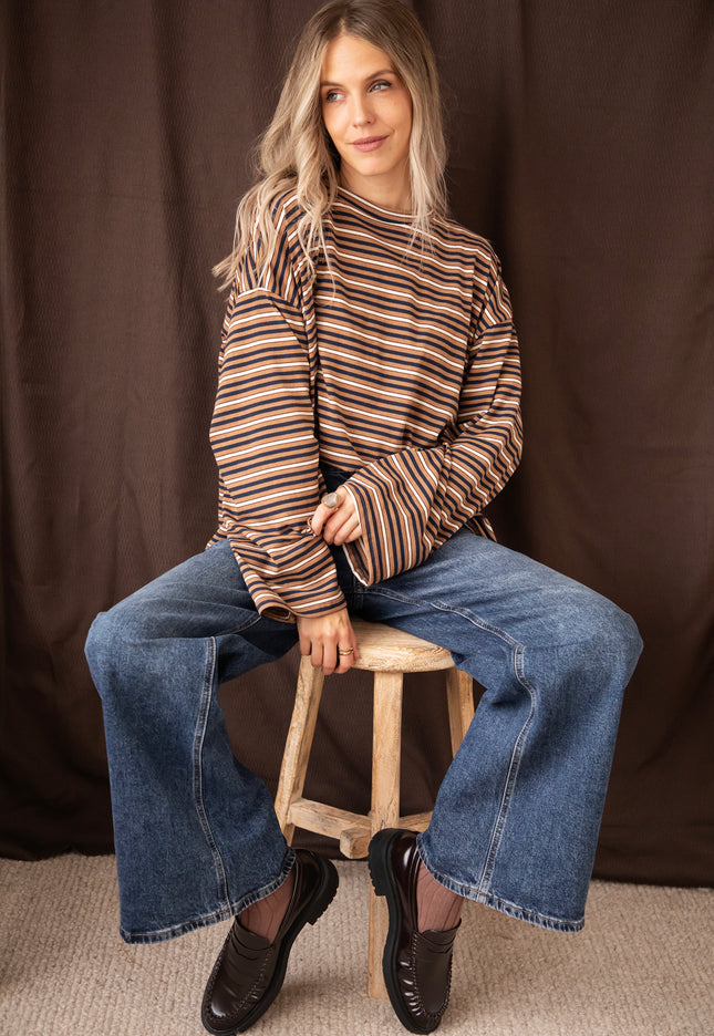 Langarmshirt - Sally Stripe - Kamel/Marineblau