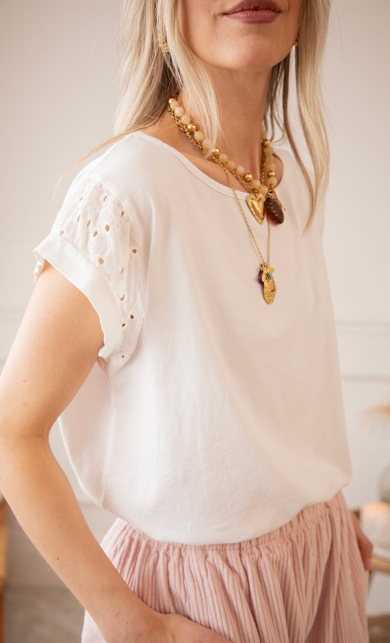 T-Shirt - Sleeves Of Embroidery Anglaise - Weiß