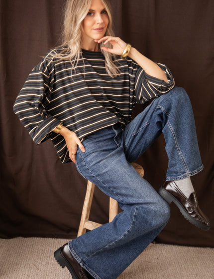 Langarmshirt - Sally Stripe - Khaki/Navy