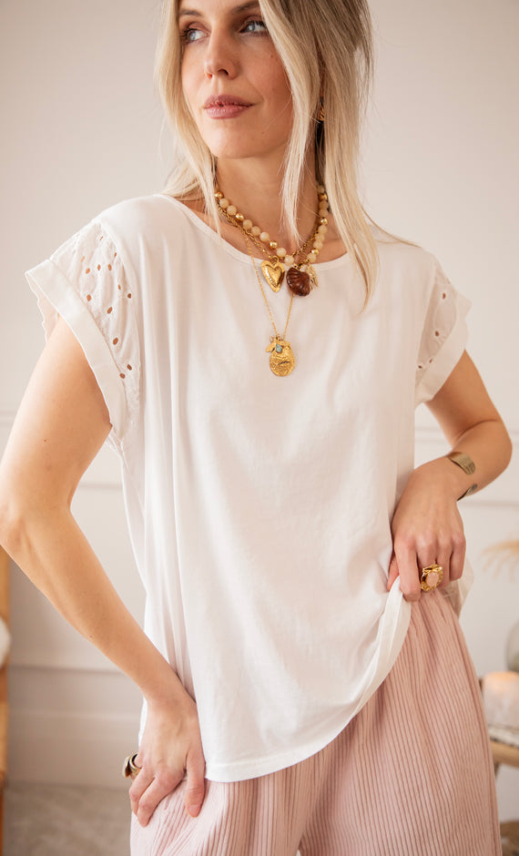 T-Shirt - Sleeves Of Embroidery Anglaise - Weiß