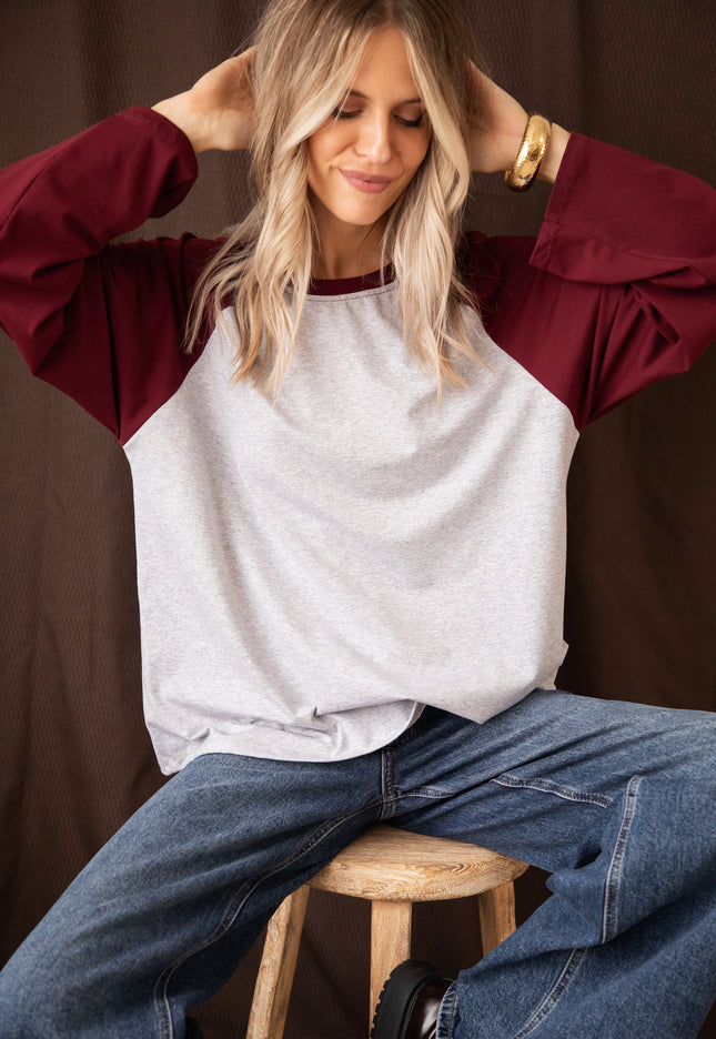 Langarmshirt - Sadie Raglan - Burgunder/Weich Grau