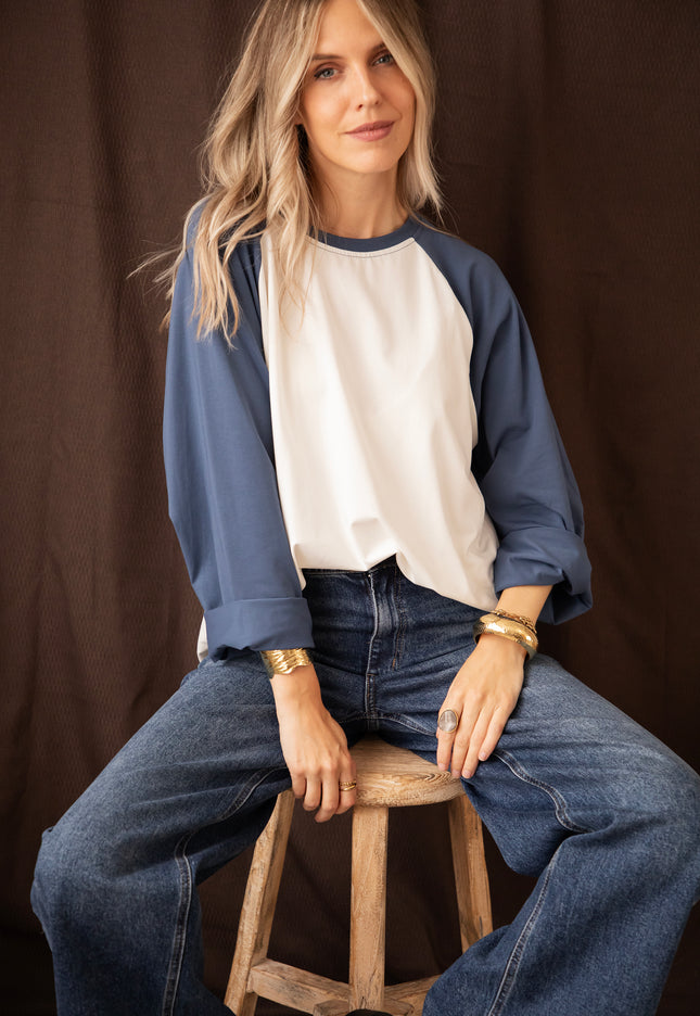 Langarmshirt - Sadie Raglan - Staubblau/Offweiß