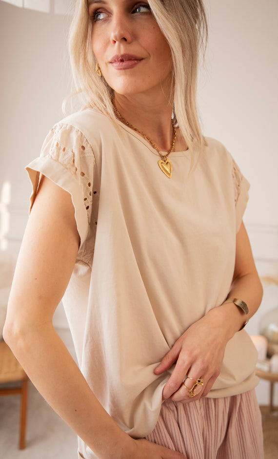 T-Shirt - Sleeves Of Embroidery Anglaise - Taupe