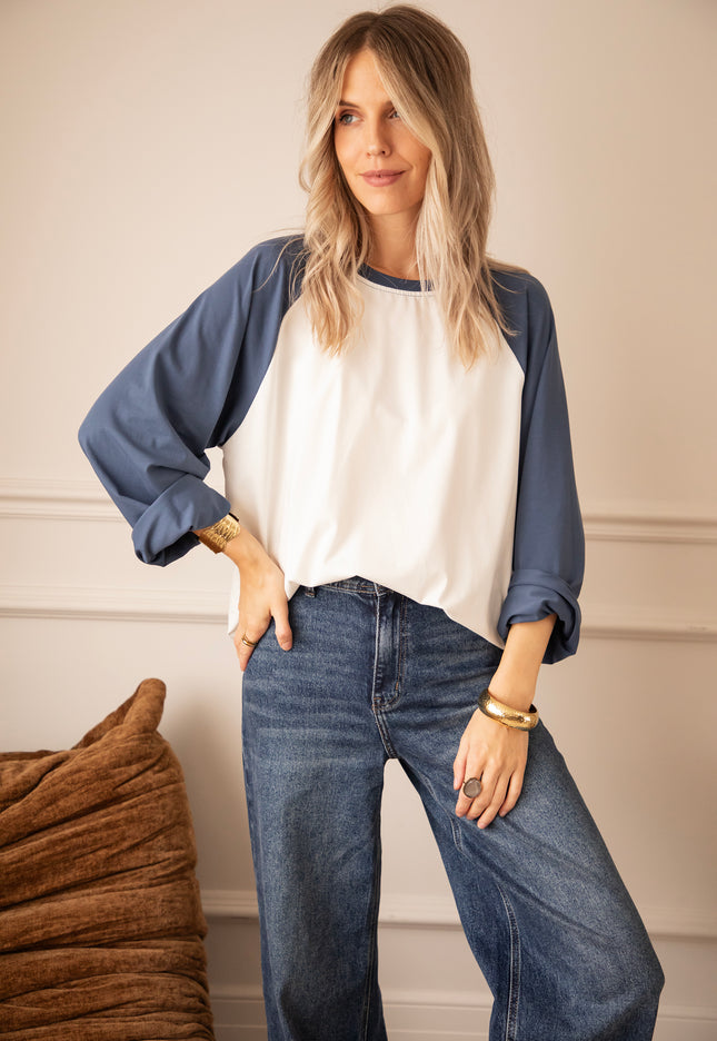 Langarmshirt - Sadie Raglan - Staubblau/Offweiß