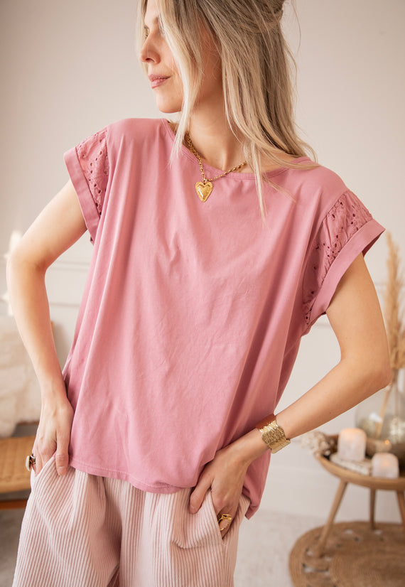 Sleeves Of Embroidery Anglaise Old Pink - T-Shirt