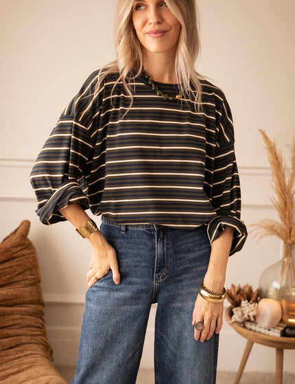 Langarmshirt - Sally Stripe - Khaki/Navy