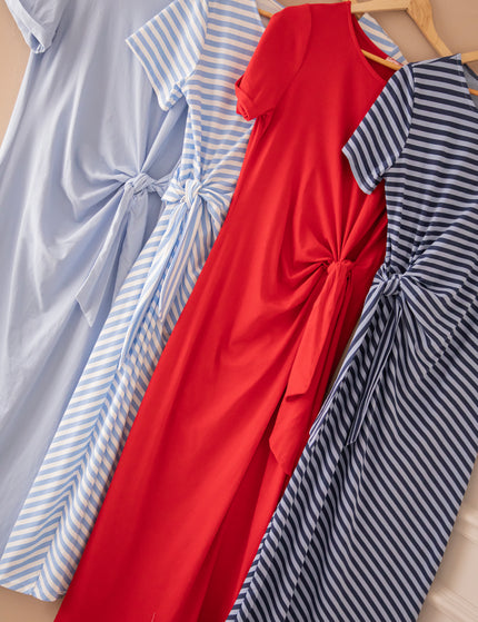 Sadie Stripe Knot Off White/Baby Blue - Maxi Dress