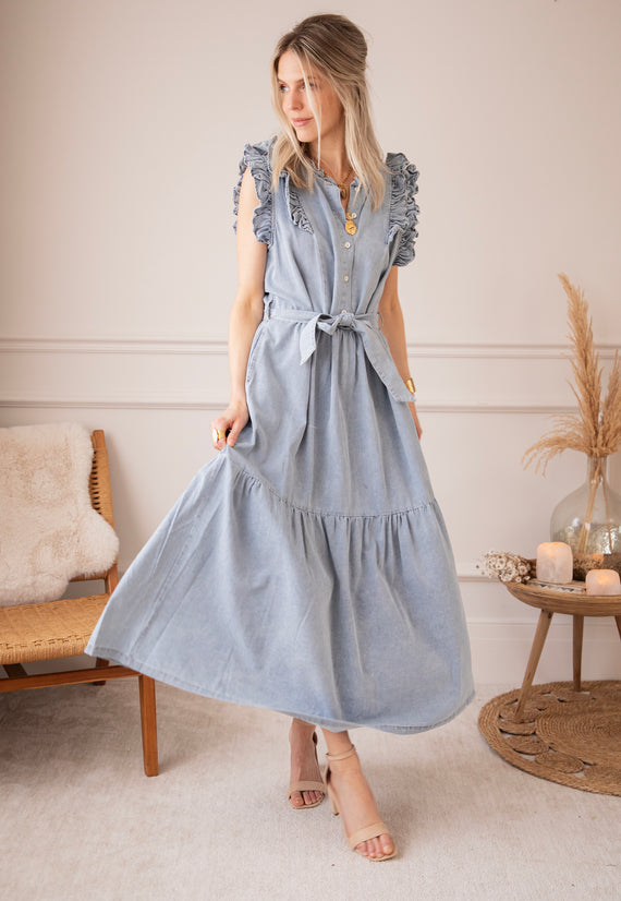 Emma Ruches Light Blue - Maxi Jurk