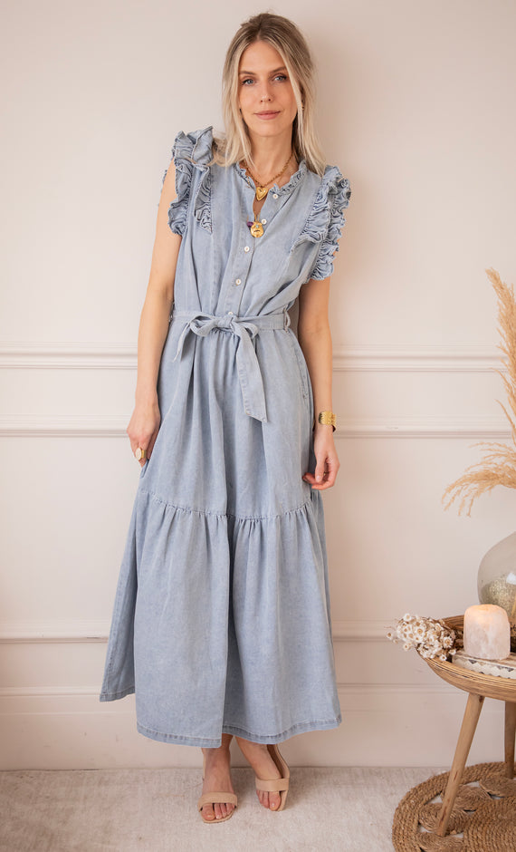 Emma Ruches Light Blue - Maxi Jurk