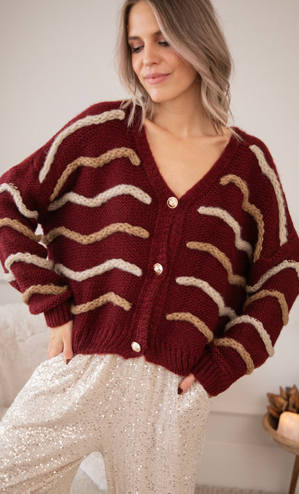 Strickjacke - Woolly Waves - Bordeaux