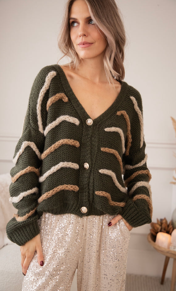 Woolly Waves Khaki - Cardigan