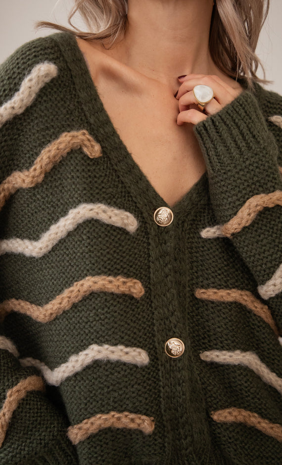 Woolly Waves Khaki - Cardigan