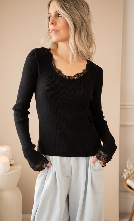 Langarmshirt - Elsie Laced - Schwarz