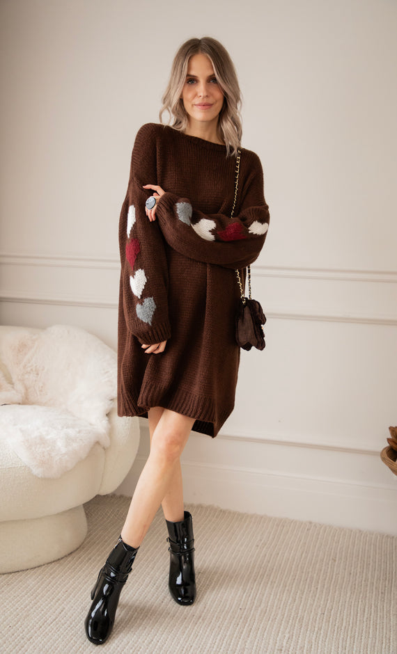 Heart On My Sleeve Choco - Sweater Dress