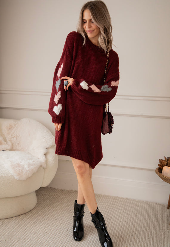 Heart On My Sleeve Bordeaux - Sweater Dress