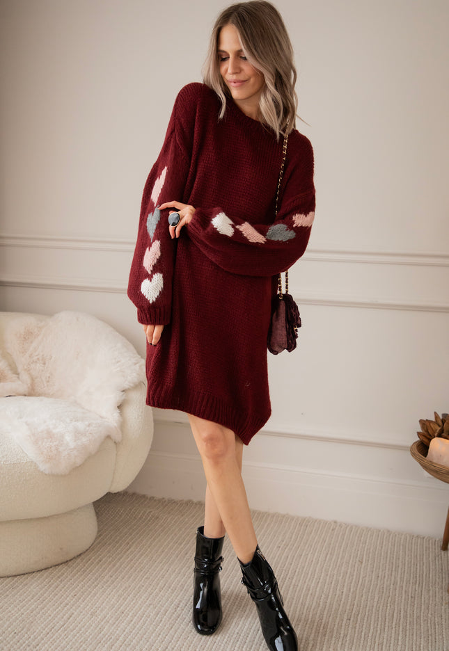 Heart On My Sleeve Bordeaux - Sweater Dress
