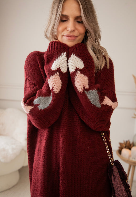 Heart On My Sleeve Bordeaux - Sweater Dress
