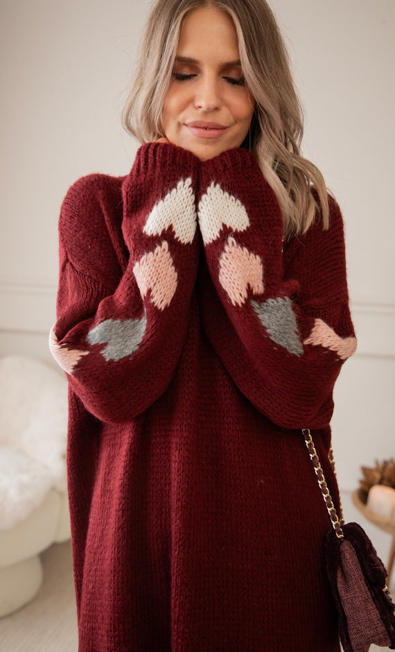 Heart On My Sleeve Bordeaux - Sweater Dress