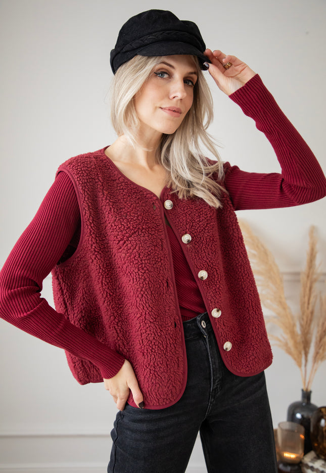 Sending Teddy Love - Burgundy - Sleeveless Cardigan