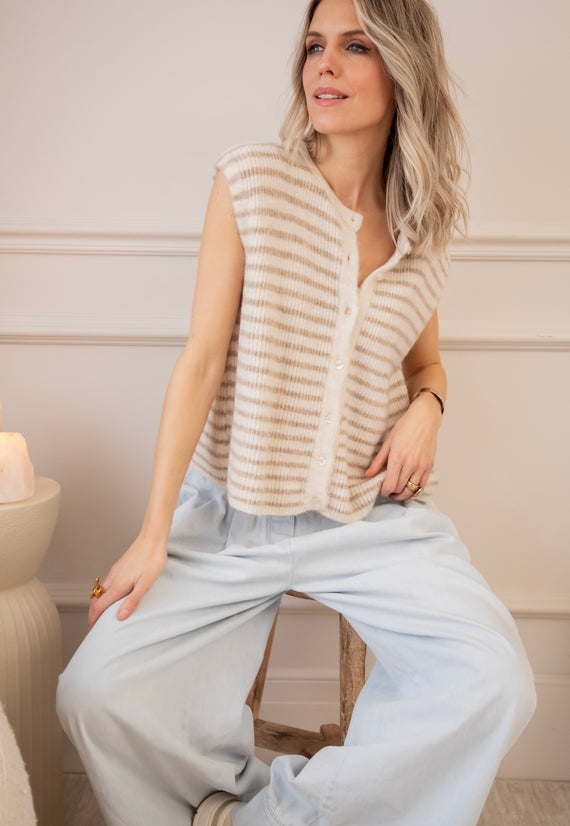 Sleeveless Stripes Beige/Brown - Vest