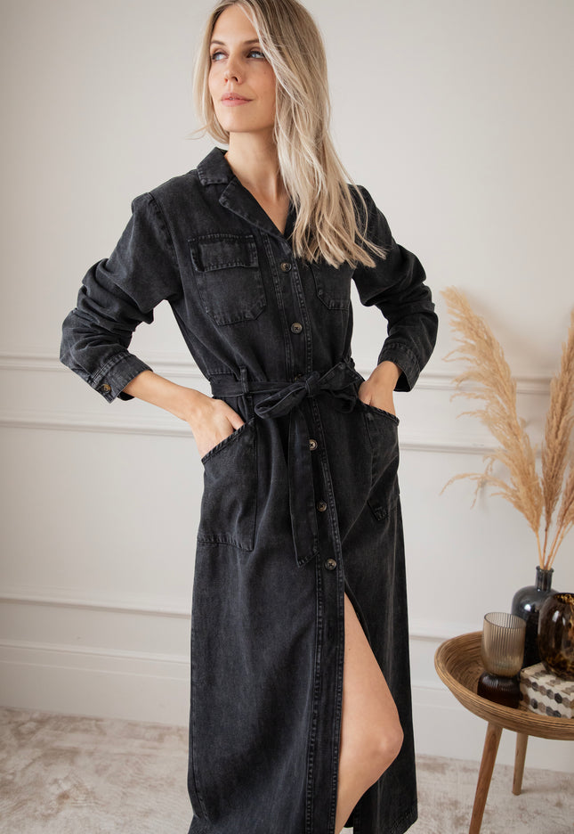 Feminine In Denim Dark Grey - Maxi Dress