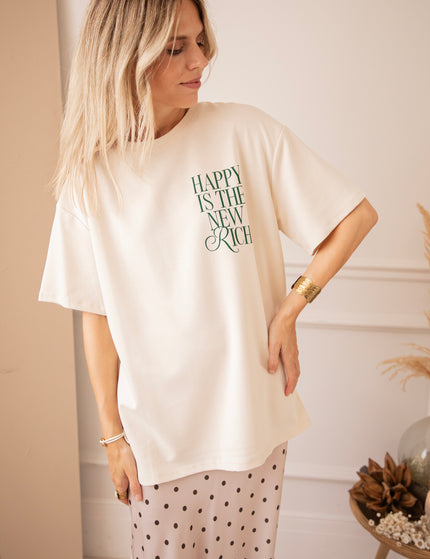 T-Shirt - Happy Is The New Rich - Beige/Dunkelgrün