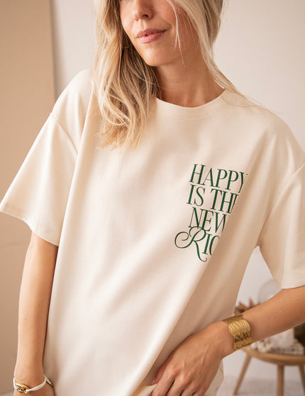 T-Shirt - Happy Is The New Rich - Beige/Dunkelgrün