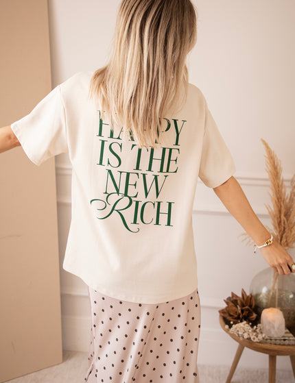 T-Shirt - Happy Is The New Rich - Beige/Dunkelgrün