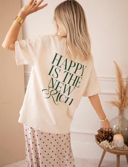 T-Shirt - Happy Is The New Rich - Beige/Dunkelgrün