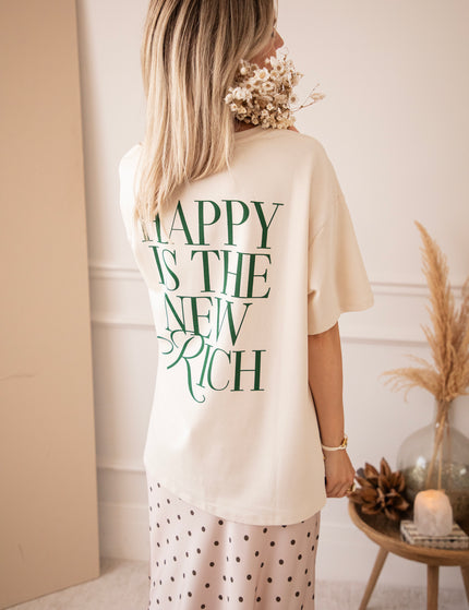 T-Shirt - Happy Is The New Rich - Beige/Dunkelgrün