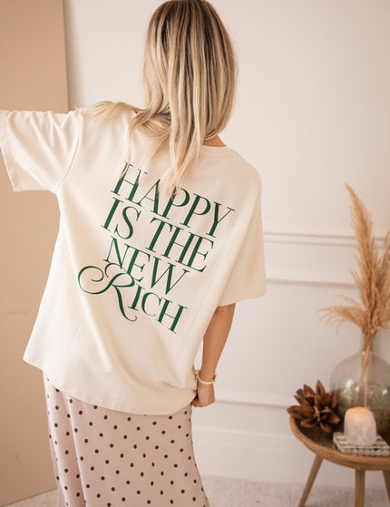 T-Shirt - Happy Is The New Rich - Beige/Dunkelgrün