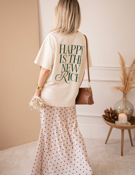 T-Shirt - Happy Is The New Rich - Beige/Dunkelgrün