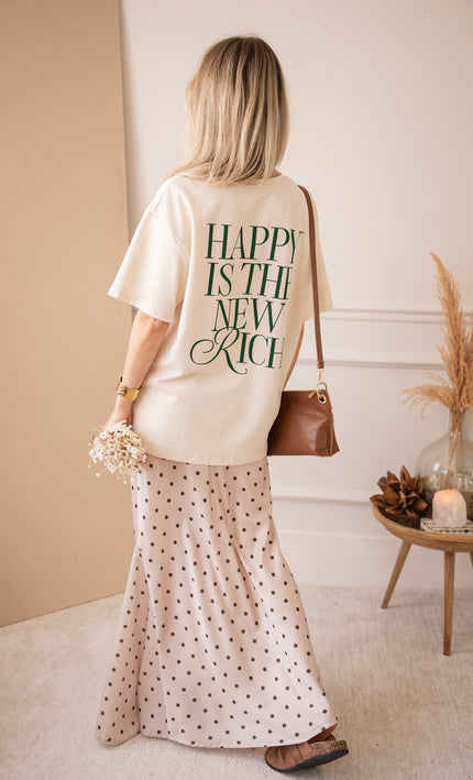 T-Shirt - Happy Is The New Rich - Beige/Dunkelgrün