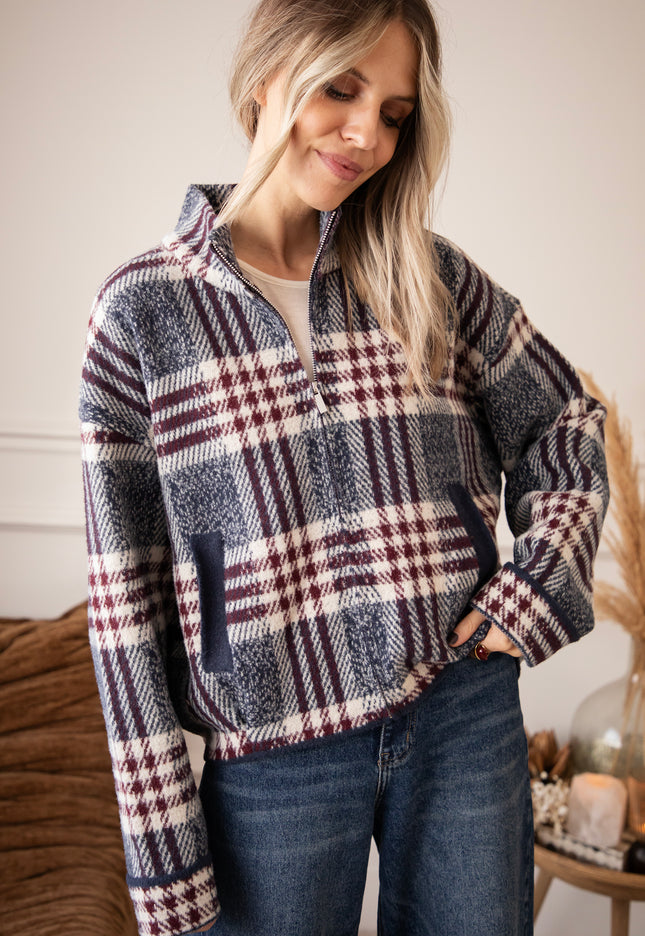 Check & Chill Navy/Burgundy - Cardigan
