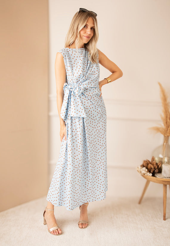 Bowtiful Dots Soft Blue/Brown - Maxi Jurk