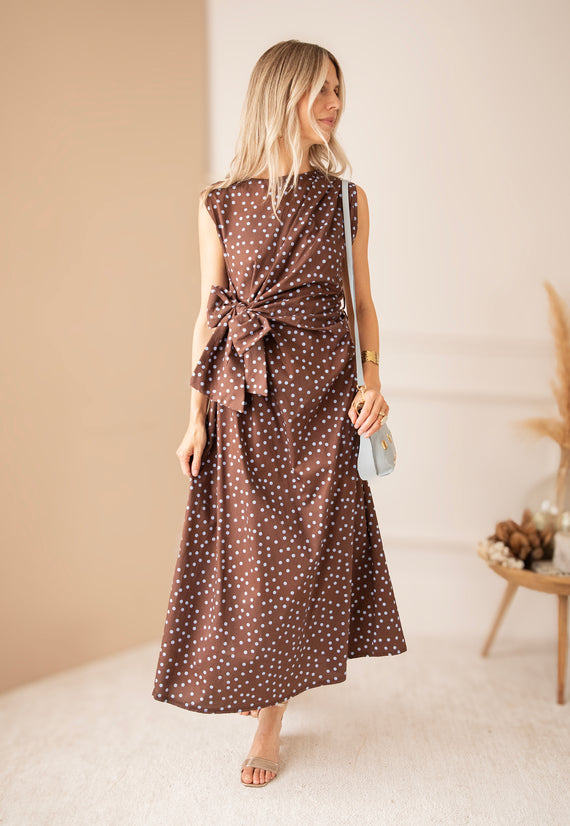 Bowtiful Dots Choco/Soft Blue - Maxi Jurk