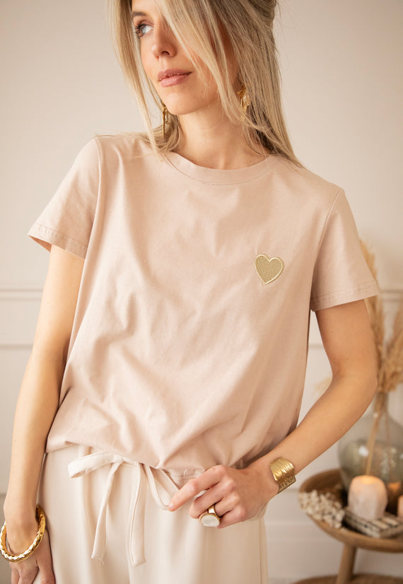 T-Shirt - Beating Heart - Taupe/Gold