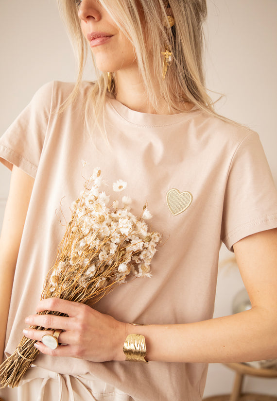 T-Shirt - Beating Heart - Taupe/Gold